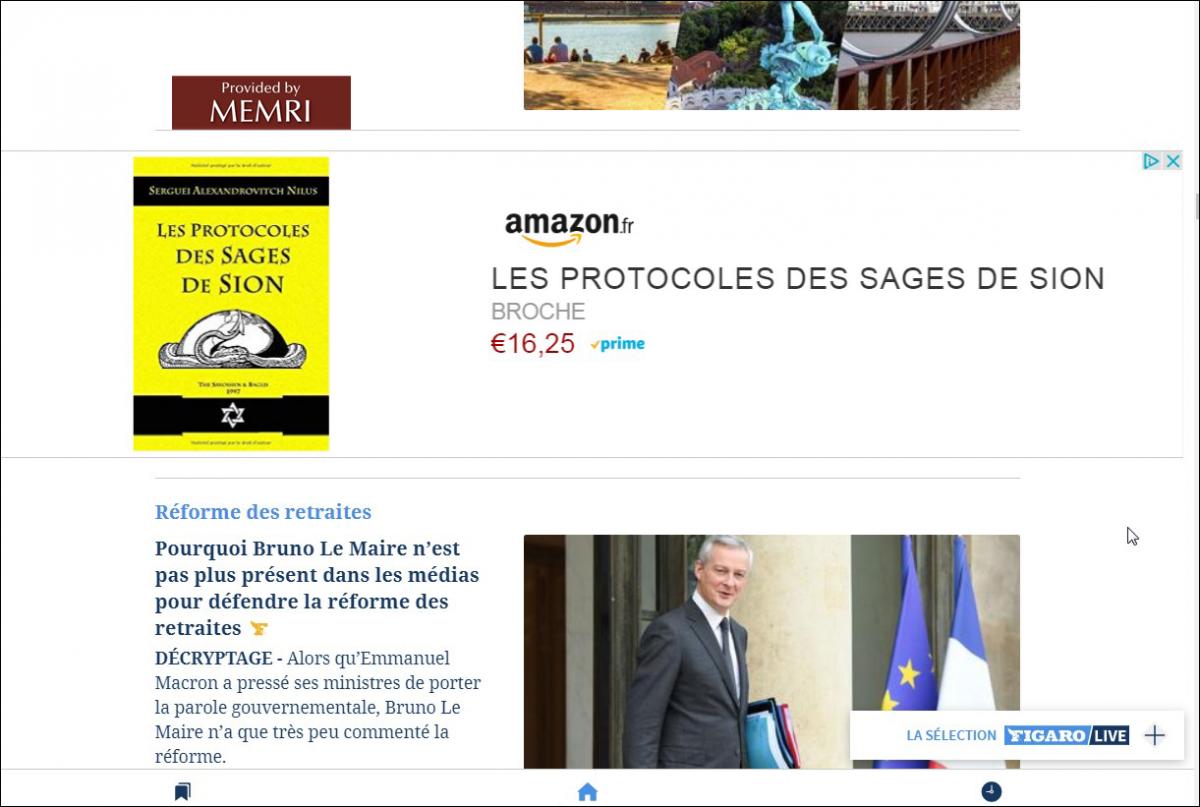 Capture d'écran de la publicité d’Amazon pour Les Protocoles des Sages de Sion apparaissant sur le site du Figaro.fr