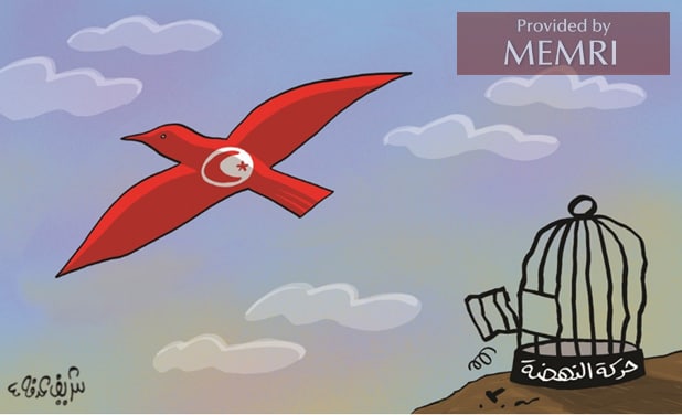 Caricatura en diario emiratí: Túnez liberada de la jaula del "movimiento Ennahda" (Al-Ittihad, Emiratos Árabes Unidos, 28 de julio, 2021)
