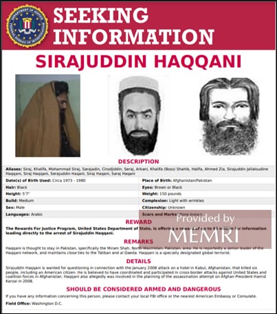 A partir del 8 de septiembre, 2021 el FBI incluye a Sirajuddin Haqqani entre sus terroristas más buscados.