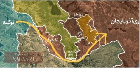 Mapa en el artículo: "Ellos desean establecer una ruta terrestre directa entre Turquía-Nakhchivanj-Azerbaiyán ocupando la frontera entre Irán y Armenia (es decir, el corredor Zangezur, la línea amarilla]. Fuente: Eghtesadsalem.com, 1 de octubre, 2021.