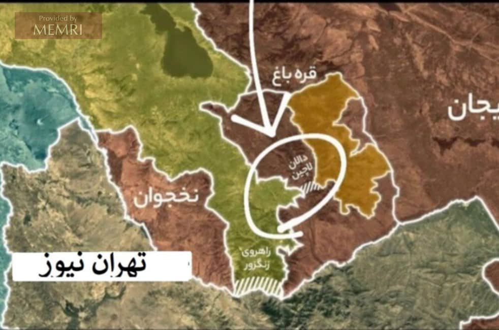 El mapa que acompaña al editorial mostraba los dos territorios en disputa (señalados en rayas). El del sur es el corredor Zangezur que separa Irán (en color marrón verdoso) de Armenia (verde) pero que conecta la República Autónoma de Nakhchivan (en marrón oscuro) con Azerbaiyán (Fuente: Tehran News, 5 de octubre, 2021)