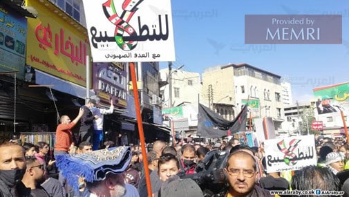 Protesta masiva en Ammán el día 26 de noviembre, 2021. La pancarta lee: "No a la normalización de relaciones con el enemigo sionista" (Al-Arabi Al-Jadid, Londres, 26 de noviembre, 2021)