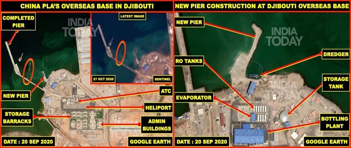 Imágenes de satélite que muestran el rápido ritmo de construcción en la base de Djibouti (Fuente: India Today)