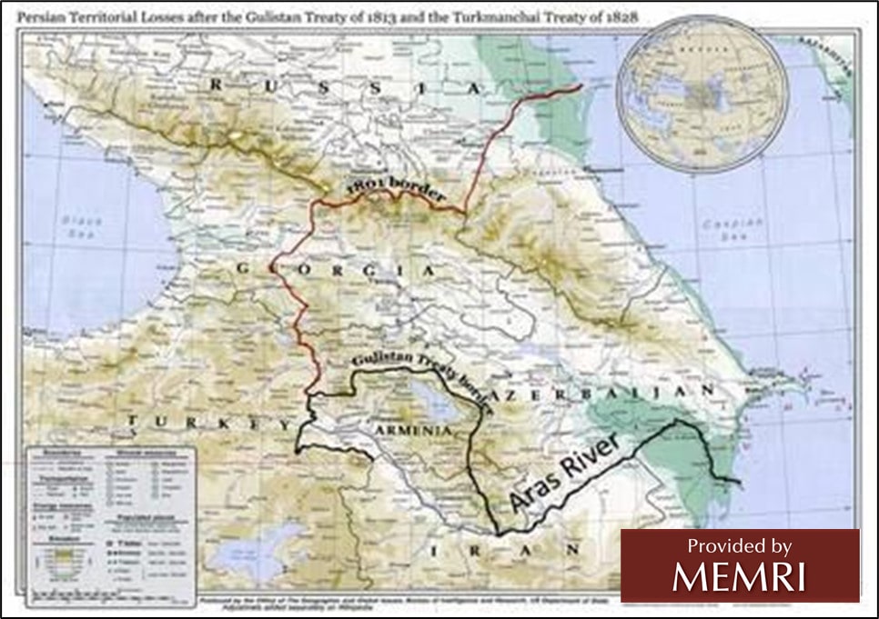 Pérdidas territoriales persas luego de los tratados de Gulistán y Turkmenchay (fuente: Departamento de Estado de los Estados Unidos)