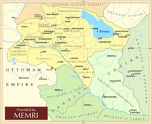 Los kanatos de Nakhichevan alrededor del año 1800 (Fuente: Armenica.org, antes del 27 de mayo, 2006)