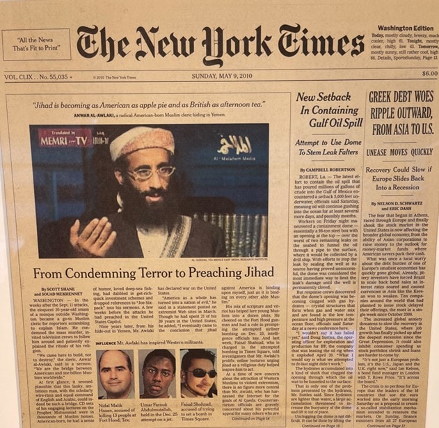 Jeque Anwar Al-Awlaki. (Fuente: Diario El Times de Nueva York, 9 de mayo, 2010)