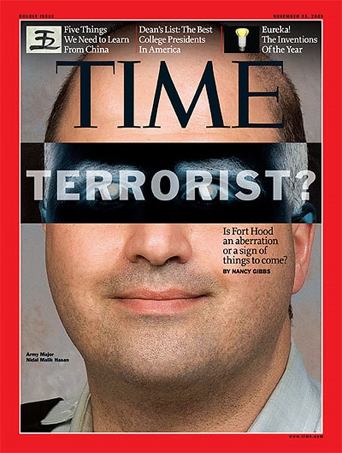 Portada de la revista Time con Nidal Hasan en su página principal. (Fuente: Content.time.com/time/covers/0,16641,20091123,00.html , 23 de noviembre, 2009).