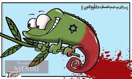 Israel representado como un camaleón, cambiando de color del "rojo de la sangre de los palestinos" al verde de la "normalización de relaciones con los árabes" (12 de julio, 2021)