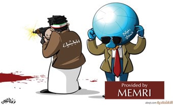 Caricatura en diario saudita: La comunidad internacional ignora totalmente el derramamiento de sangre de las milicias pro-iraníes (Fuente: Al-Iqtisadiyya, Arabia Saudita, 21 de agosto, 2021)