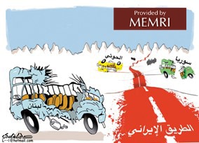 Caricatura en diario saudita: La ruta sangrienta de Irán pasa a través de Siria, el Líbano y Yemen (Fuente: Al-Madina, Arabia Saudita, 11 de agosto, 2021)