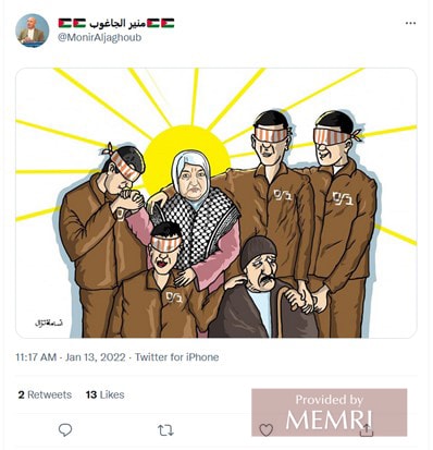 Ilustración de Latifa Abu Hmeid y sus hijos en la página Twitter de Mounir Al-Jaghoub, portavoz de la Comisión de Reclutamiento y Organización de Fatah (Twitter.com/MonirAljaghoub, 13 de enero, 2022)