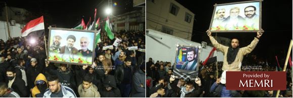 Manifestación del grupo Yihad Islámico palestino el 21 de enero en Gaza: Participantes sostienen fotografías de los líderes del grupo Yihad Islámico palestino, junto a fotografías de líderes del eje de la resistencia: el líder houtie 'Abd Al-Malik Al-Houthi, el secretario general de Hezbolá Hassan Nasrallah, el general iraní asesinado Qassem Soleimani y el comandante de Hezbolá asesinado 'Imad Mughniyah (Fuente: Paltoday.ps, 23 de enero, 2021)