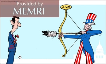 Caricatura en diario árabe: Las sanciones estadounidenses contra el régimen de Assad (Al-Arabi Al-Jadid, Londres, 25 de diciembre, 2020)
