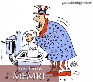 Caricatura en el diario del gobierno sirio Teshreen: Estados Unidos llora mientras arroja al inodoro sus inútiles "sanciones" (Teshreen, Siria, 4 de julio, 2020)