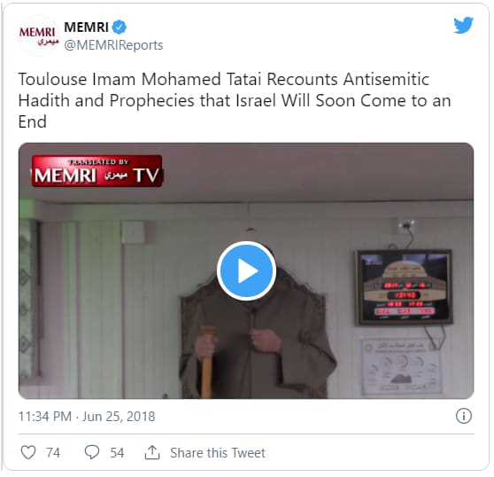 El tuit de MEMRI del segmento de video que apareció en los medios de comunicación. Fuente: i24news.tv/fr/actu/france/184902-180925-preche-antisemite-ouverture-d-une-information-judiciaire-contre-l-imam-tatai-pour-provocation-a-la-haine, 25 de septiembre, 2018.