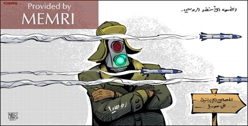 Caricatura en el diario árabe en Londres Al-Arab: Rusia "le otorga luz verde" a los ataques israelíes contra "intereses iraníes en Siria", 8 de diciembre, 2021