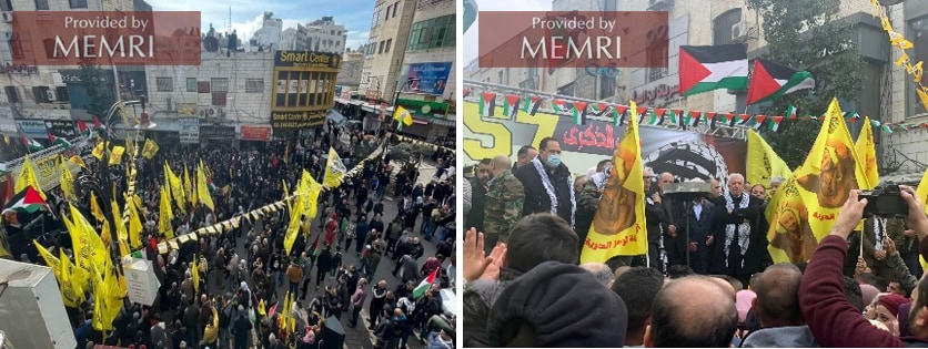 A la izquierda: La manifestación de Fatah del 30 de diciembre en Manara Square, Ramala (fuente: Facebook.com/TuquOline, 30 de diciembre, 2021); derecha: Al-'Aaloul en la tarima del mitin (fuente: Facebook.com/abujihadAlaloul, 30 de diciembre, 2021).