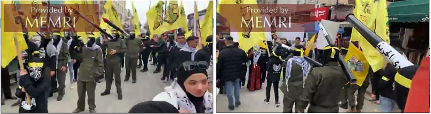 Activistas de Shabiba armados, encapuchados y uniformados portando modelos de cohetes en el mitin de Fatah celebrado el 30 de diciembre en Ramala (fuente: Facebook.com/jmedia.pal, 30 de diciembre, 2021)