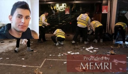 Escenario del ataque terrorista en Tel Aviv con el perpetrador del ataque Ra'ad Hazem (Fuente: Alquds.com, 8 de abril, 2022)