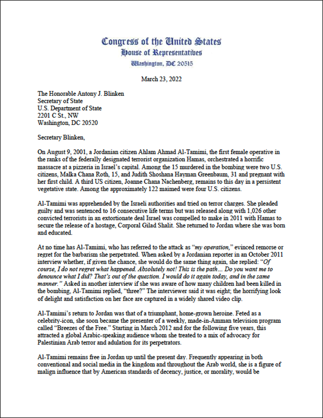 Primera página de la carta del Congreso al secretario de Estado Blinken