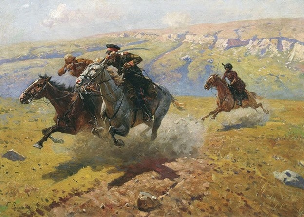"Quién combate contra quién" del pintor franco-ruso Franz Roubaud (1856-1928).