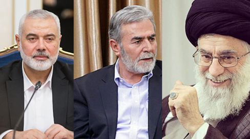 El líder iraní 'Ali Jamenei, el líder del grupo Yihad Islámico palestino Ziad Al-Nakhalah y el jefe del buró político de Hamás Isma'il Haniya (Fuente: tarbaweya.org)