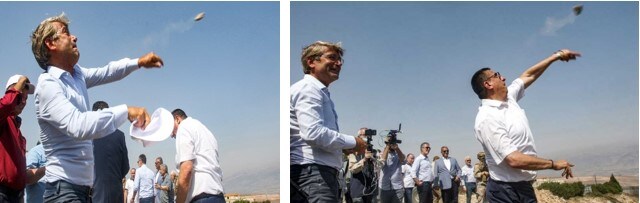Los ministros Hector Hajjar (izquierda) y Walid Fayad (derecha) arrojando piedras en dirección a Israel (Fuente: almarkazia.com, 30 de agosto, 2022)