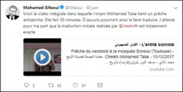 El tuit de Sifaoui del 30 de junio, 2018.