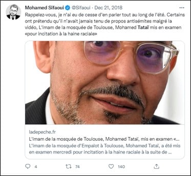 El tuit de Sifaoui publicado el 21 de diciembre, 2018.