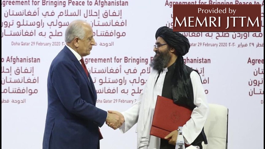 29 de febrero del año 2020: El representante de Estados Unidos para la reconciliación de Afganistán Zalmay Khalilzad y el líder adjunto talibán mulá Baradar, se dan la mano luego de firmar el acuerdo Doha