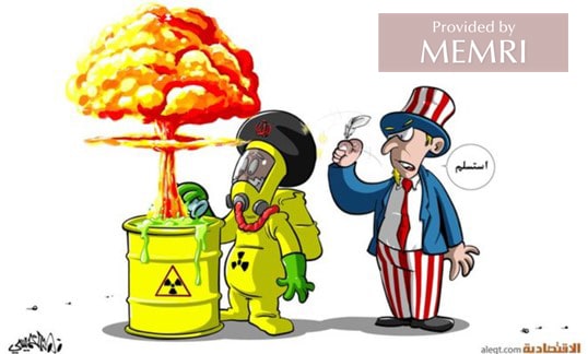 Mientras Irán prepara una bomba atómica, Estados Unidos lo golpea con una pluma, diciendo "¡Sucumban!" (Al-Iqtisadiyya, Arabia Saudita, 17 de agosto, 2022)