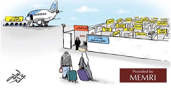 Caricatura en diario árabe: Los palestinos deben elegir entre viajar a través del "aeropuerto Ramon" y por el "puente rey Hussein" (el cruce fronterizo Allenby), desde donde deben atravesar una carrera de obstáculos de burocracia y tarifas (Al-Quds Al-Arabi, Londres, 28 de agosto, 2022)