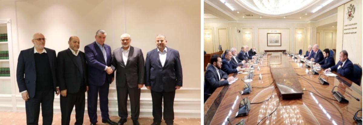 La delegación de Hamás en reuniones con funcionarios rusos Leonid Slutsky (derecha) y Grigory Karasin (izquierda) (Fuente: Hamas.ps, 13 de septiembre, 2022)