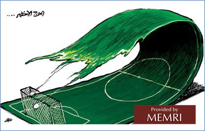 Una ola verde (el color de la bandera saudita) inunda el campo de fútbol (Al-Sharq Al-Awsat, Londres, 23 de noviembre, 2022)