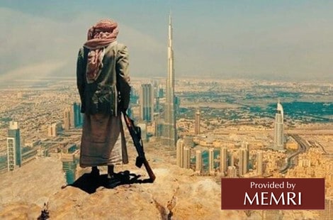 Ilustración que representa a un combatiente houtie observando los rascacielos de los Emiratos Árabes Unidos. Fuente: Qudsonline.ir, 18 de enero, 2021.