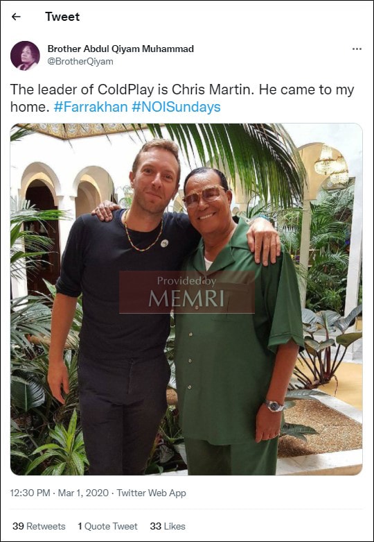 El tuit de Abdul Qiyam Muhammad acerca de la reunión de Farrakhan con Chris Martin. El publicado fue retuiteado 39 veces, pero no generó comentarios.