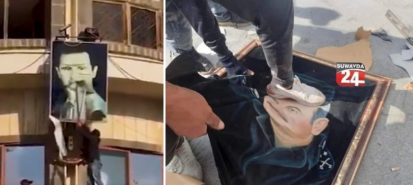 Un manifestante rompe una foto de Bashar Al-Assad, otro pisotea una foto del anterior presidente Hafez Al-Assad (imágenes: Twitter.com/k7ybnd99, twitter.com/m_elsukkeri, 4 de diciembre, 2022)