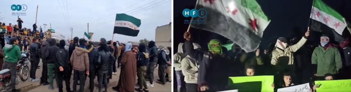 Banderas de la revolución siria en las protestas en Jasim y Tel Shihab (imagen: Facebook.com/HoranFreeMedia, 23 de diciembre, 2022, 25 de diciembre, 2022)