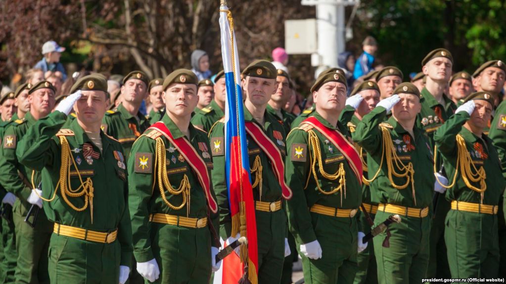 Russian troops march in Tirasopol